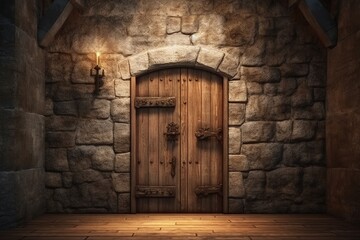 Wooden doors in medieval castle. Ai