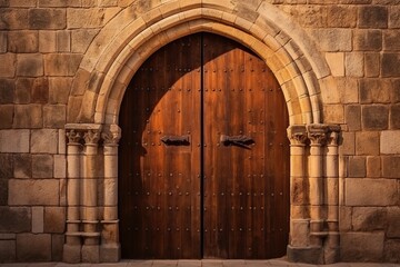 Wooden doors in medieval castle. Ai