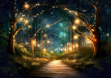 A path that leads to a separate world in the depths of the forest. Wonderful environment for fairy tale illustrations and even wallpaper.Magic fairytale forest with fireflies lights.AI generated illus