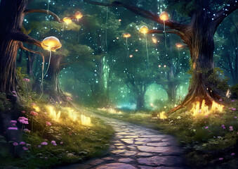 Canvas Print - A path that leads to a separate world in the depths of the forest. Wonderful environment for fairy tale illustrations and even wallpaper.Magic fairytale forest with fireflies lights.AI generated illus