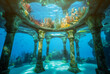 Underwater city columns in tropical sea. Generative AI
