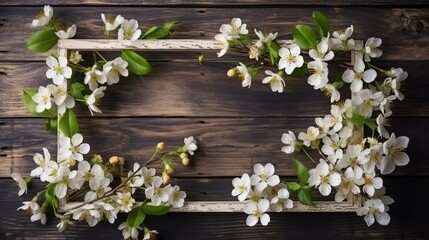  beautiful frame with flowers of cherry, the Spring summer mood,Wooden background Generative AI