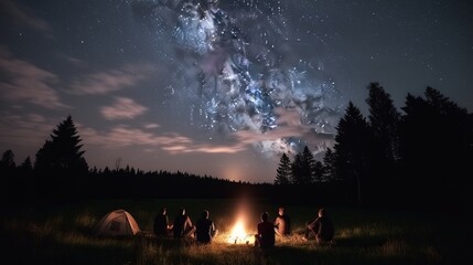 Evening summer camping, spruce forest on background, sky with falling stars and milky way. Group of five friends sitting together around campfire Generative AI