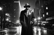 Noir movie, portrait of 40s detective standing under the rain. Generative AI