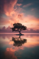 Wall Mural - Lonely Tree in a Lake Water in Pink Sunset Generative AI