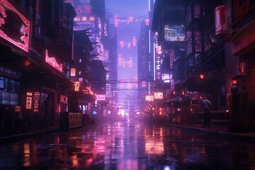 Futuristic cyberpunk city street under glowing light of neon signs. Generative AI