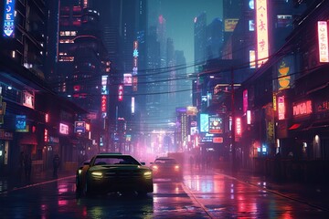 Sticker - Futuristic cyberpunk city street under glowing light of neon signs. Generative AI