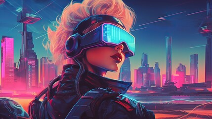 Wall Mural - 80s retro futurism illustration of young beautiful woman wearing virtual reality headset. Generative AI