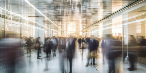 Wall Mural - Long exposure banner of busy crowded modern office hallway with business people. Generative AI