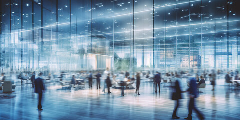 Wall Mural - Long exposure banner of busy crowded modern office hallway with business people. Generative AI