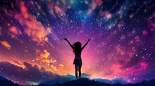 Illustration Silhouette Of A Young Woman With Arms Outstretched Against An Epic Starry Night Sky Background. A.I. Generated.
