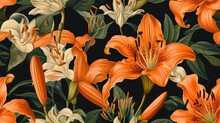 Vintage Summer Orange Lily Flowers Seamless Background,generative Ai.