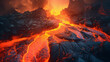 Illustration  of lava flowing on cooling rocks, Hawaii, but could be anywhere.  Generative AI. 