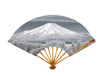 Watercolor illustration of a gray-blue open paper fan with a winter landscape on the background of Mount Fuji. Element isolated on white background