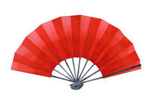 Watercolor Illustration Of A Red Open Paper Fan With A Wooden Face Guard And Spokes. Element Isolated On White Background