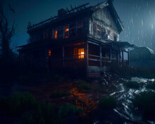 Old Wrecked Wooden House But Still With Dwellers. Creepy Shack Cottage Alone In The Night On Rainy Weather. Generative AI.