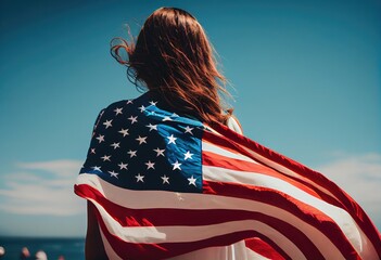 Woman from the back holding the national flag of the USA against the blue sky, representing the 4th of July, USA Independence Day. generative ai