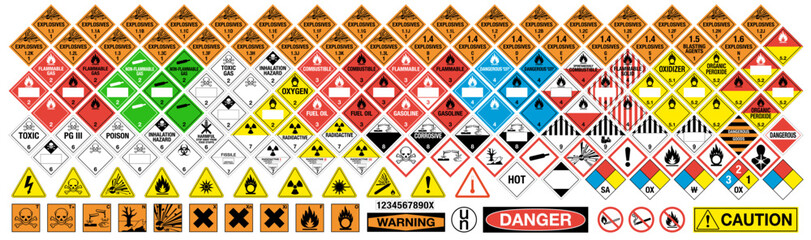 Hazard vector signs. All classes. All signs. Vector hazardous material signs collection. Hazmat vector isolated placards label set.