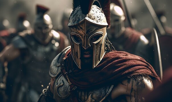 dark epic of spartan warrior in the battle, battle action, dynamic battle scene. generative AI