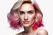 Short haircut bob ombre with pink hair.fashion haircut. Blonde with short hair. Hair coloring concept. Beauty salon.. Generative AI