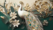 3d Modern Interior Mural Painting Wall Art Decor Abstraction Wallpaper With White, Dark Green And Golden Tropical Palm Leaf Branches And Flowers With Feathers Peacock Bird