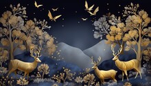 3D Modern Interior Mural Painting Wall Art Decor Wallpaper. Golden With Dark Blue Forest Trees, Deers, Birds And Mountain
