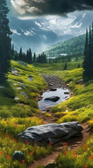 Wall Mural - Mountain and Fogy Rain Forest Lake of Landscape Background AI Generative