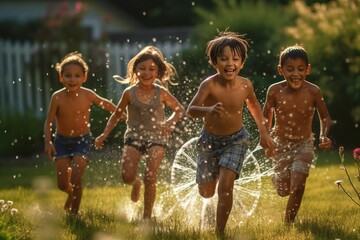 Children playing in the sprinkler on a hot summer day. Generative AI