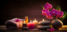 Spa Stones, Candles And Towels For A Luxurious Spa Experience. Relaxation Method. Generative AI