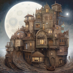 Wall Mural - Generative AI: A wooden house, in a remote ladscape at night with big moon
