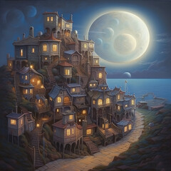 Wall Mural - Generative AI: A wooden house, in a remote ladscape at night with big moon