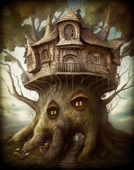 Wall Mural - Generative AI: A wooden house, in a remote ladscape at night with big moon