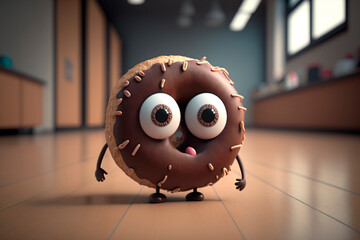 Wall Mural - Cute chocolate donut with eyes. Generative AI. Character for children's book, comic book, video game. National Donut Day or Fat Thursday. Funny illustration for pizzeria, cafe, fast food, menu.