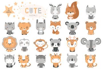 Wall Mural - Set of cute African forest and domestic animals. children's vector illustration.