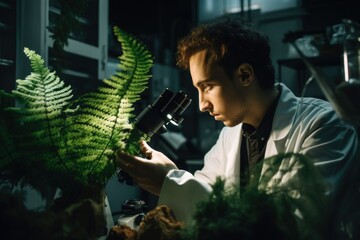 Wall Mural - A man in a lab coat looking through a microscope. Generative AI image.