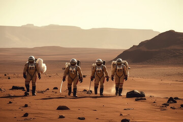 Wall Mural - astronauts wearing space suits walking on red planet. martian colony. mars colonization. created wit