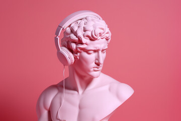 Wall Mural - Ancient Roman bust of a man in headphones. AI generated image.	