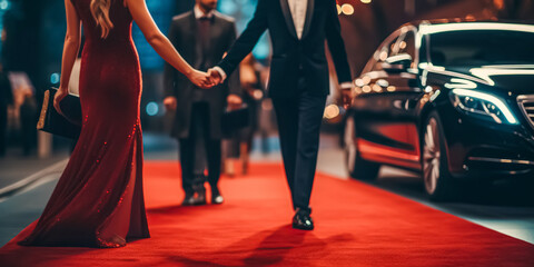 couple arriving with limousine walking red carpet, woman in a luxurious dress on a red carpet. blurr