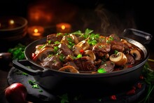 Beef Bourguignon With Mushrooms, Pearl Onions, French Style, Generative AI