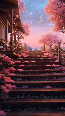 the stairs of a wooden house with 1000 roses on it, in the style of light pink and white, sunset, a busy city and beach in the distance. AI generative