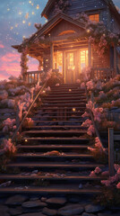 Wall Mural - the stairs of a wooden house with 1000 roses on it, in the style of light pink and white, sunset, a busy city and beach in the distance. AI generative