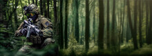 Camouflaged Tactical Commando Soldier Or Airsoft Player In Green Forest, Face Not Visible Behind Mask And Reflective Goggles. Wide Banner, Space For Text Right Side. Generative AI