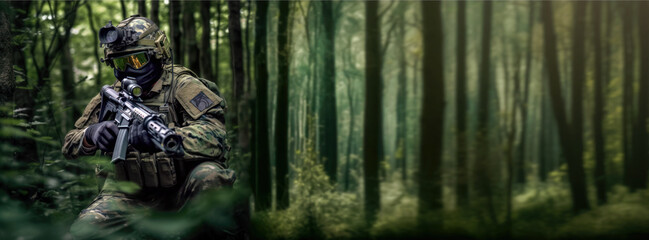 Camouflaged tactical commando soldier or airsoft player in green forest, face not visible behind mask and reflective goggles. Wide banner, space for text right side. Generative AI