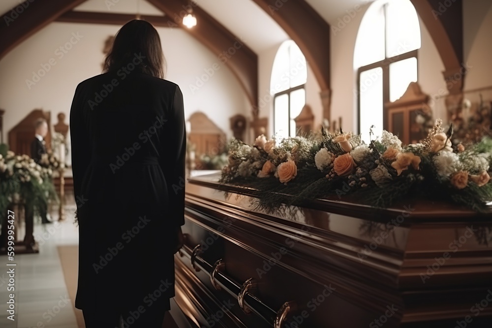Sad funeral and flowers with couple and coffin in church, created with ...