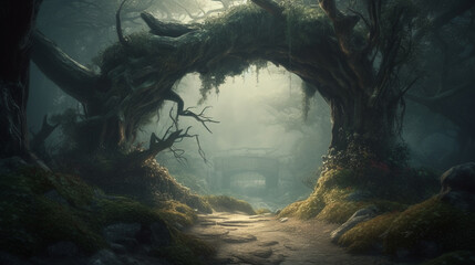 Spectacular archway covered with vine in the middle of fantasy fairy tale forest. AI Generative