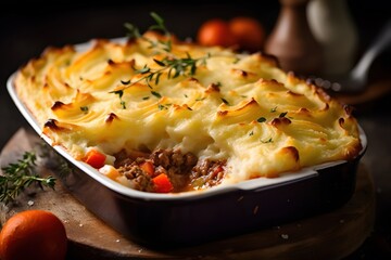 tasty shepherd's pie with beef and mashed potatoes, white baking dish background, British style, Generative AI