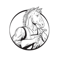 Wall Mural - Line drawing sketch style illustration of a horse stallion welder with welding torch viewed from side set inside circle done in black and white on isolated white background.
