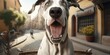 Great Dane dog have fun bicycle ride on sunshine day morning in summer on town street Generative AI