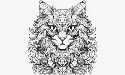 A silhouette Maine coon cat coloring page vector art illustration. Black and white cat coloring page.