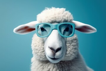 Wall Mural - Funny cute sheep in sunglasses with happy emotion. AI generated, human enhanced